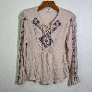 Hayden Blush Pink Embroidered Lace-Up Boho Blouse